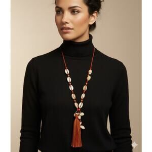 MIA Collection Cowrie Shell Tassel Long Necklace Red Cord Adjustable Boho Women